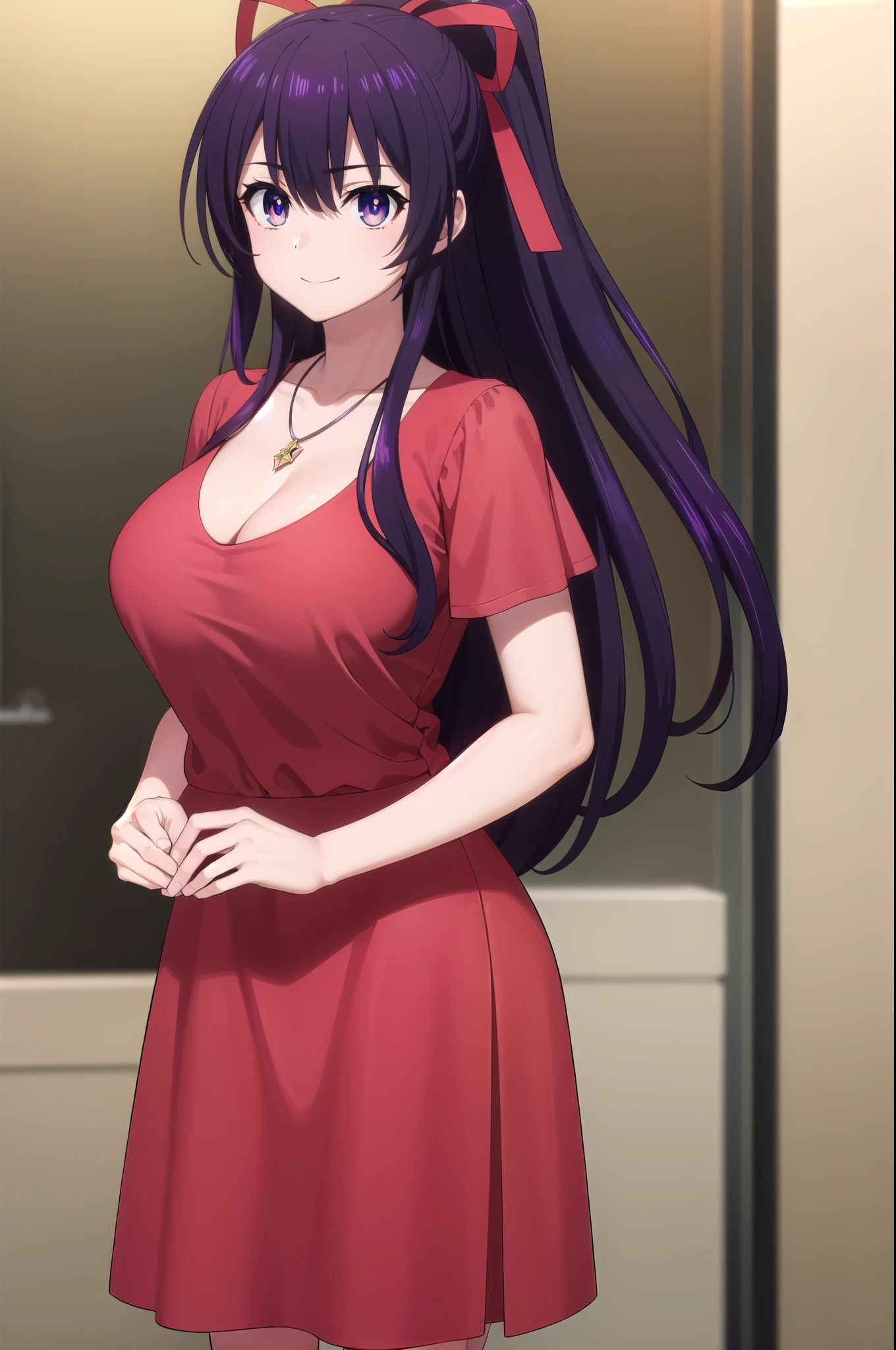 tohkayatogami, tohka yatogami casual, long hair, purple hair, alluringly smile, knee length dress, red dress, tight dress, office work dress,one piece dress, classy dress dress,  U neck, cleavage, short sleeve , necklace, ribbon , (purple eyes:1.1), hair ribbon, ponytail, purple hair, white ribbon,g cup breasts, plump butt , high heels 
BREAK ,
BREAK indoors, office, alone, 
BREAK looking at viewer, seduce poses (cowboy shot:1.5),
BREAK (masterpiece:1.2), best quality, high resolution, unity 8k wallpaper, (illustration:0.8), (beautiful detailed eyes:1.6), extremely detailed face, perfect lighting, extremely detailed CG, (perfect hands, perfect anatomy),