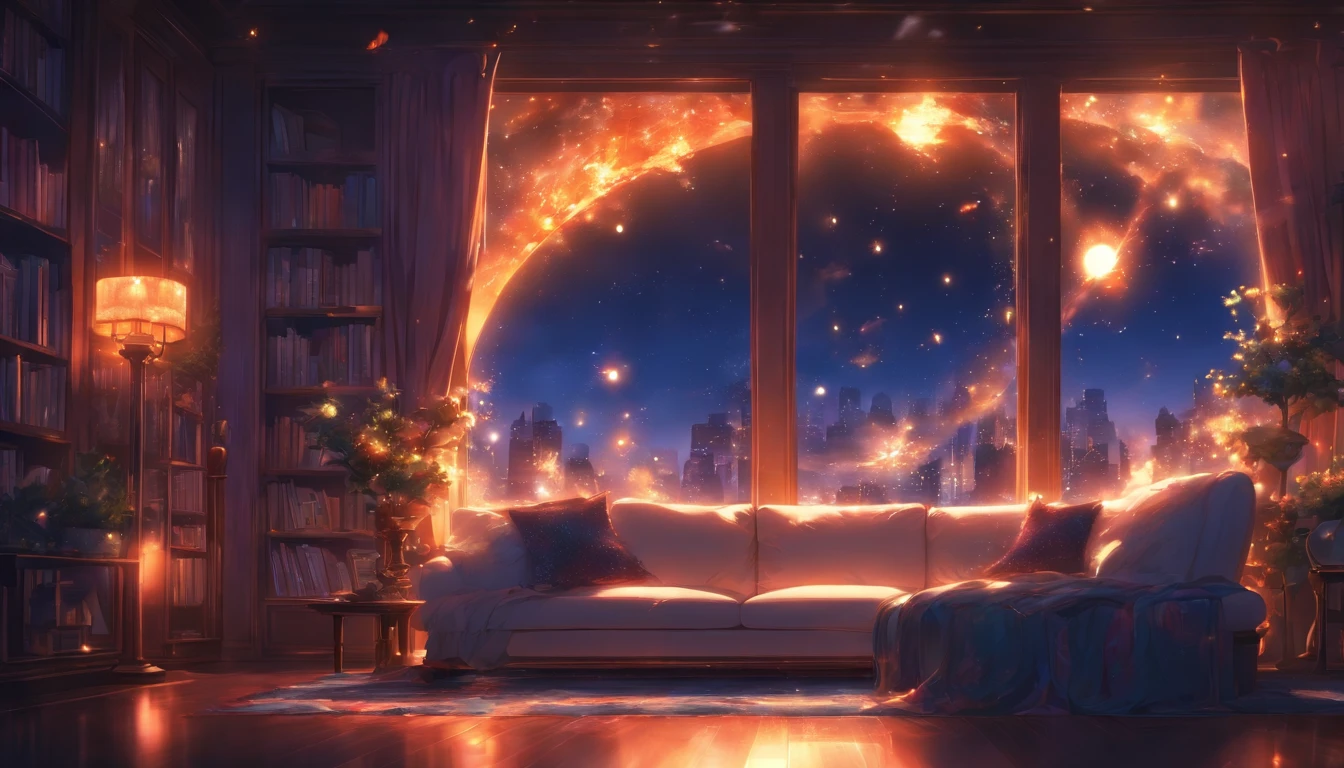 Absurd resolution, high resolution, luxurious, rich living room, white sofa, four windows, midnight, refraction moon light, fire place