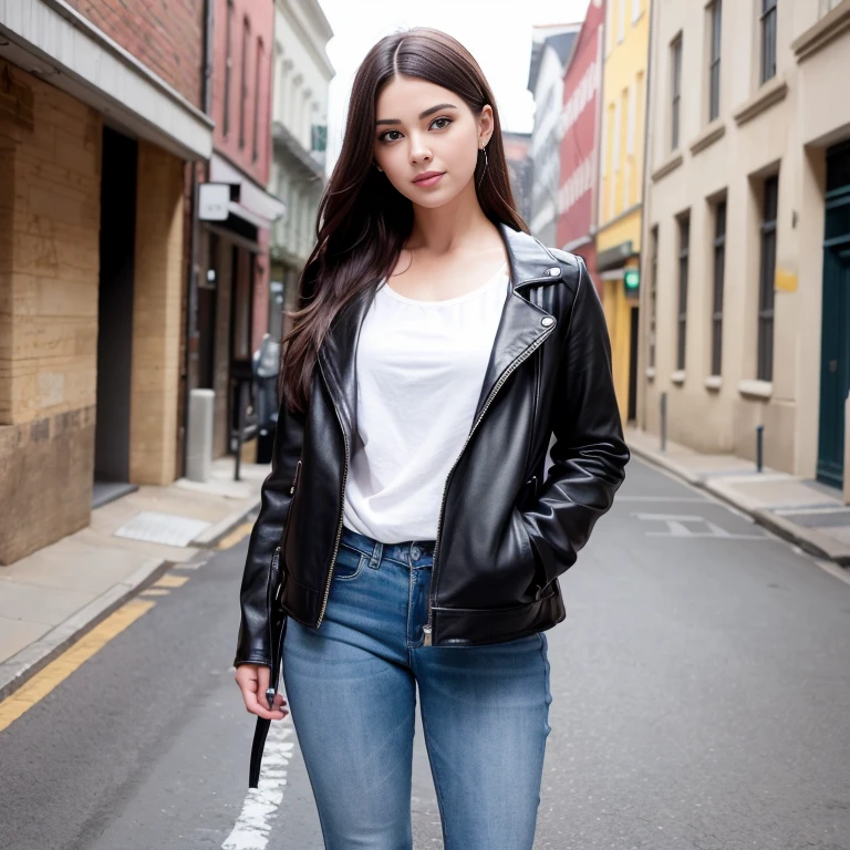 amerikanische frau, mit schwarzen haaren, 8k, Lachen auf dem Gesicht, Realistic 3D full body poster shot, alleine, beautiful sweet american 22 year old girl, Jeansjacke, schwarzes Haar, lockiges Haar, Back Street, Hands in pockets, Weicher Fokus,depth of field, complicated natural lighting