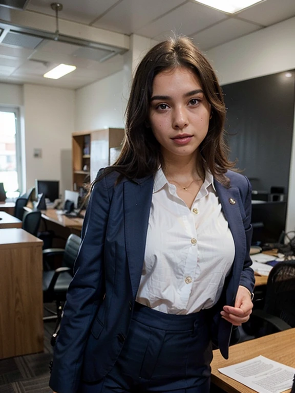 ((1 girl)), Solo, (((Very detailed face)))), ((Very detailed eyes and face)))), she wearing a full blue suit, blue color suit, detailed full body sales team, wearing simple yet chic clothes, in her workplace, extremely detailed, --style raw --s 750 --v 5.2(best quality)), ((masterpiece)), (detailed), Full look in office, standing photo, Dressed in a dark blue suit with a crisp creamy blouse, she epitomizes professionalism and sophistication