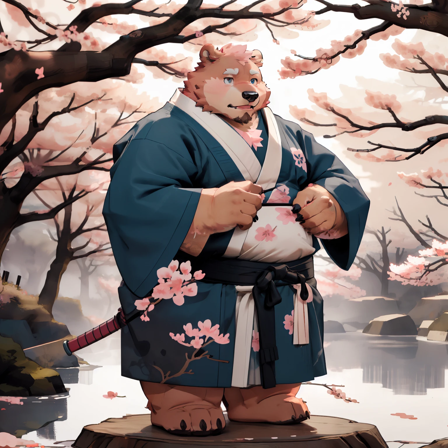 New Jersey 5 Hairy, Bear，Full body portrait of an individual, male,exquisite， chubby，thick arms，plush fur，front，stand，traditional kimono，Traditional Samurai Clothing，clogs，Carrying a katana，Under the cherry blossom tree，Cherry blossom viewing