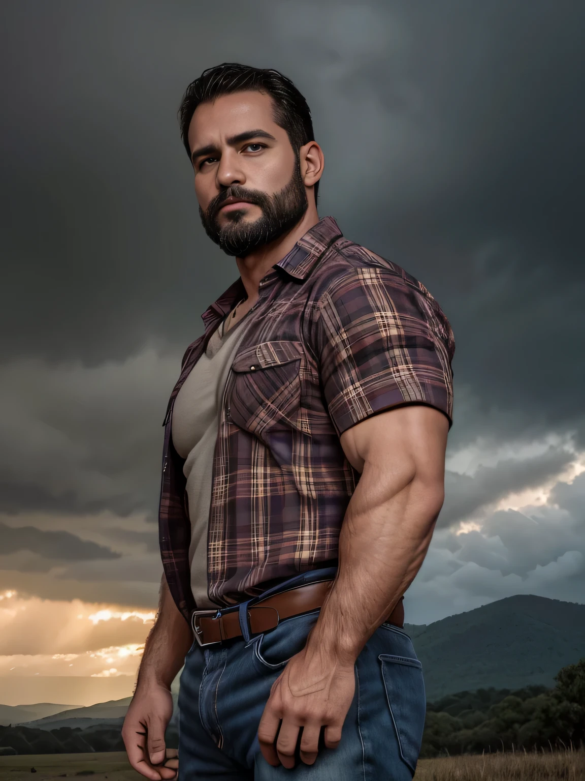obra maestra, Mejor calidad, high resolution, Retrato de primer plano, (1 chico:1.4) A man in a lumberjack suit, muscular, (con camisa: 1.2) enfoque masculino, enfocarse solo, piel bronceada, 38-year-old man dressed as a lumberjack., muscular, fuerte, peludo, Masculino, (descamisado: 1.2), al fondo una granja, en una tormenta, amazing composition, Vista frontal, HDR, volumetric lighting, (plano general, desde el frente:1.2) (GS-Macho :1.5) (magnificent landscape:1.2)