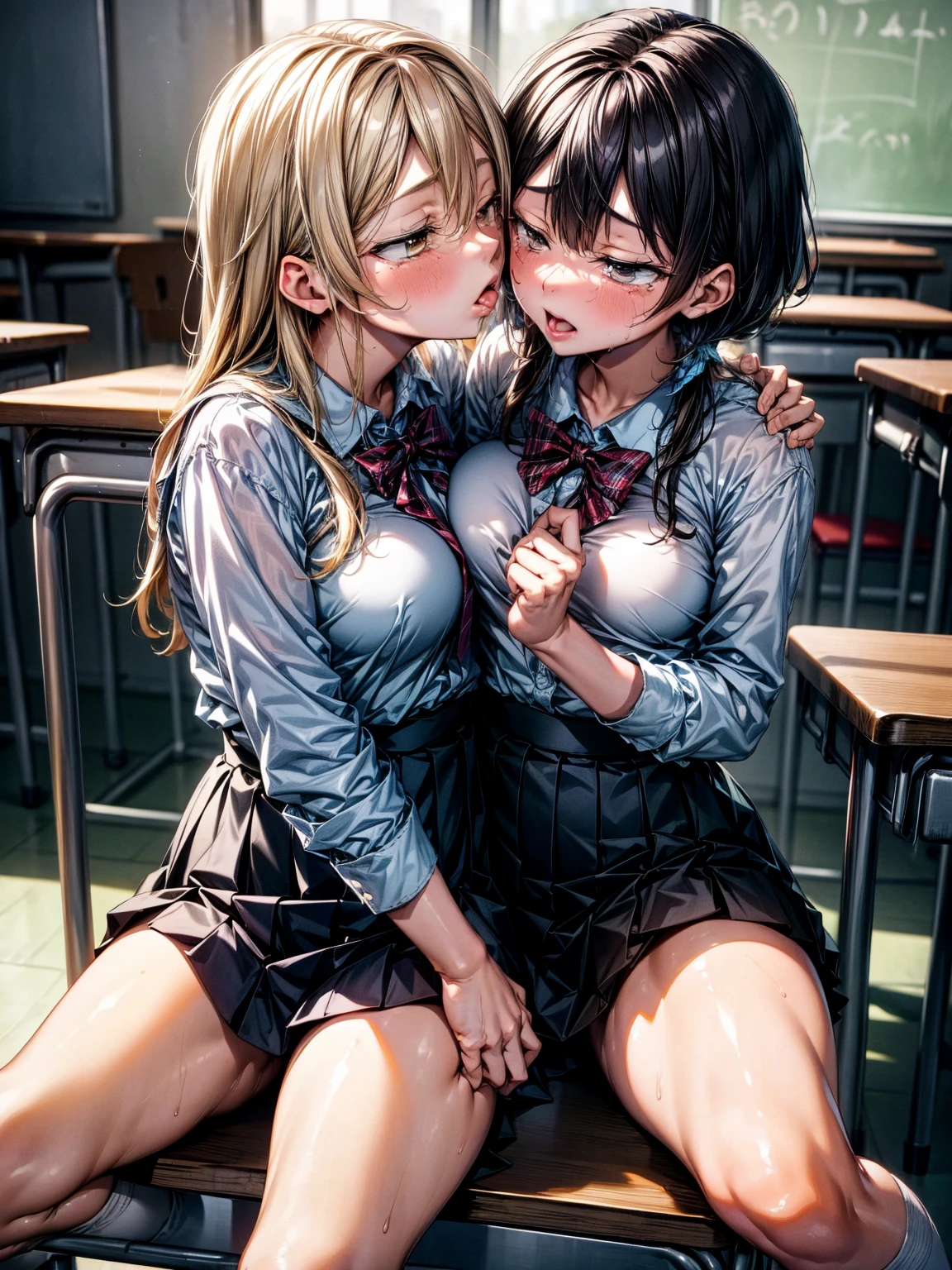 (masterpiece, highest quality:1.2)、(NSFW)、2 girls、(kiss)、(high school uniform)、(evening classroom)、(eyes half closed)、(large tears)、(lots of drool)、The body shakes violently、((Hasselblad Photos))、[:(detailed face:1.2):0.2]、