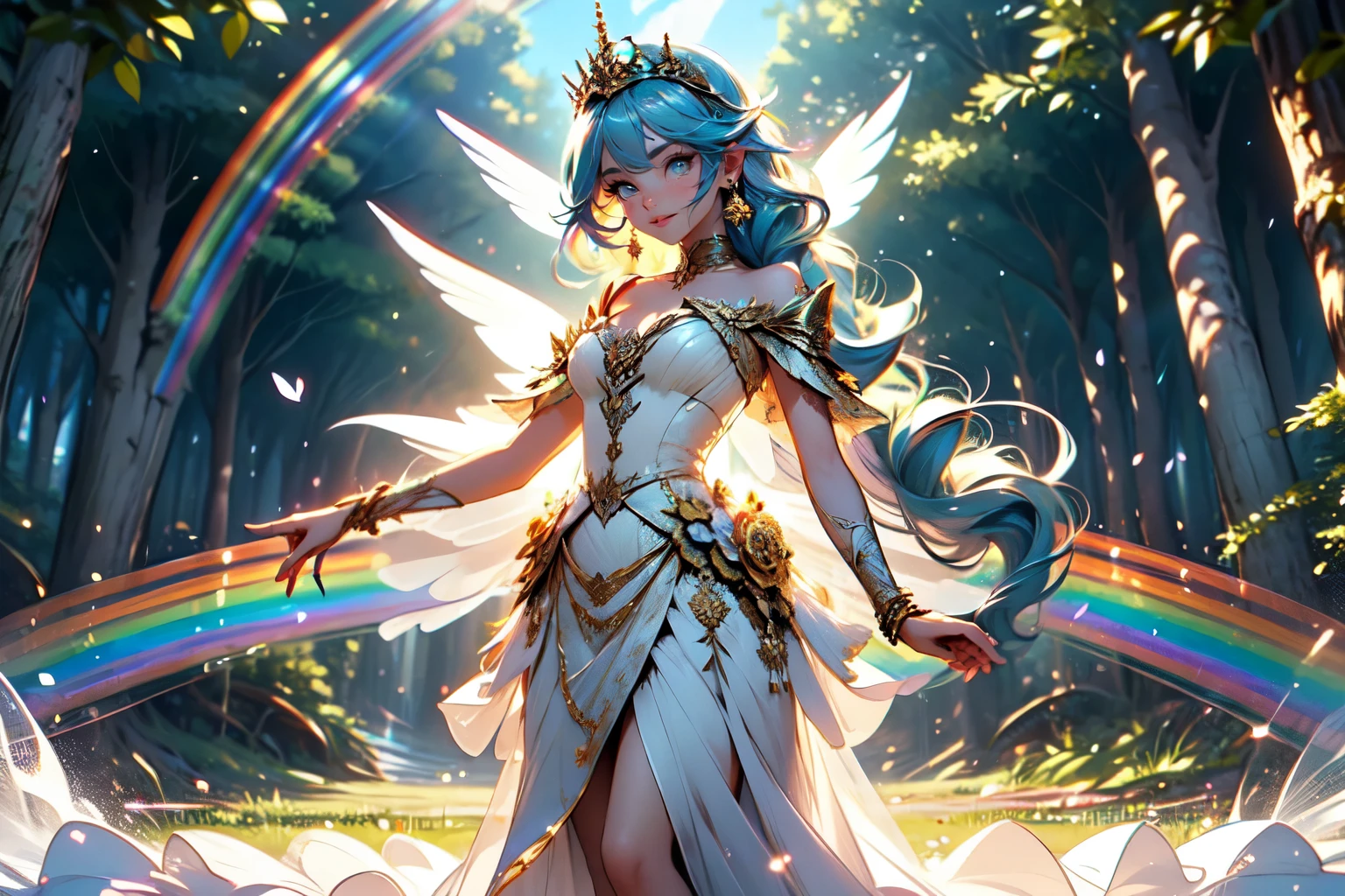 beautiful fairy with rainbow wings, standing, (caressing a white unicorn), big wings , in a deep forest, volumetric light, iridescent light, full body close-up, light through the wings casts a (rainbow-colored volumetric light: 1.5), (masterpiece: 1,2), (best quality: 1.2), newest, AI generated, intricate details, perfect anatomy, detailed perfect hands,very long hair, dynamic hair, earrings, tiara, choker, bracelets, in reflective gold, luminous details, intricate details in gold, big butterflies flying around