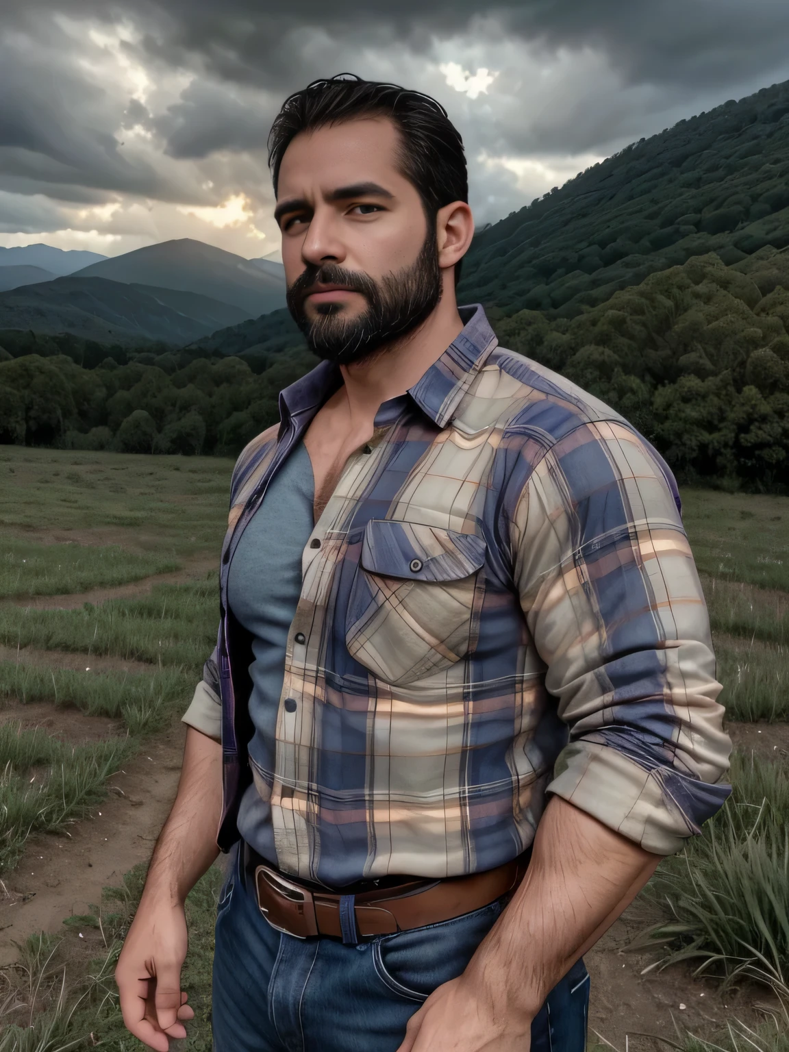 obra maestra, Mejor calidad, high resolution, Retrato de primer plano, (1 chico:1.4) A man in a lumberjack suit, muscular, (con camisa: 1.2) enfoque masculino, enfocarse solo, piel bronceada, 38-year-old man dressed as a lumberjack., muscular, fuerte, peludo, Masculino, (descamisado: 1.2), al fondo una granja, en una tormenta, amazing composition, Vista frontal, HDR, volumetric lighting, (plano general, desde el frente:1.2) (GS-Macho :1.5) (magnificent landscape:1.2)