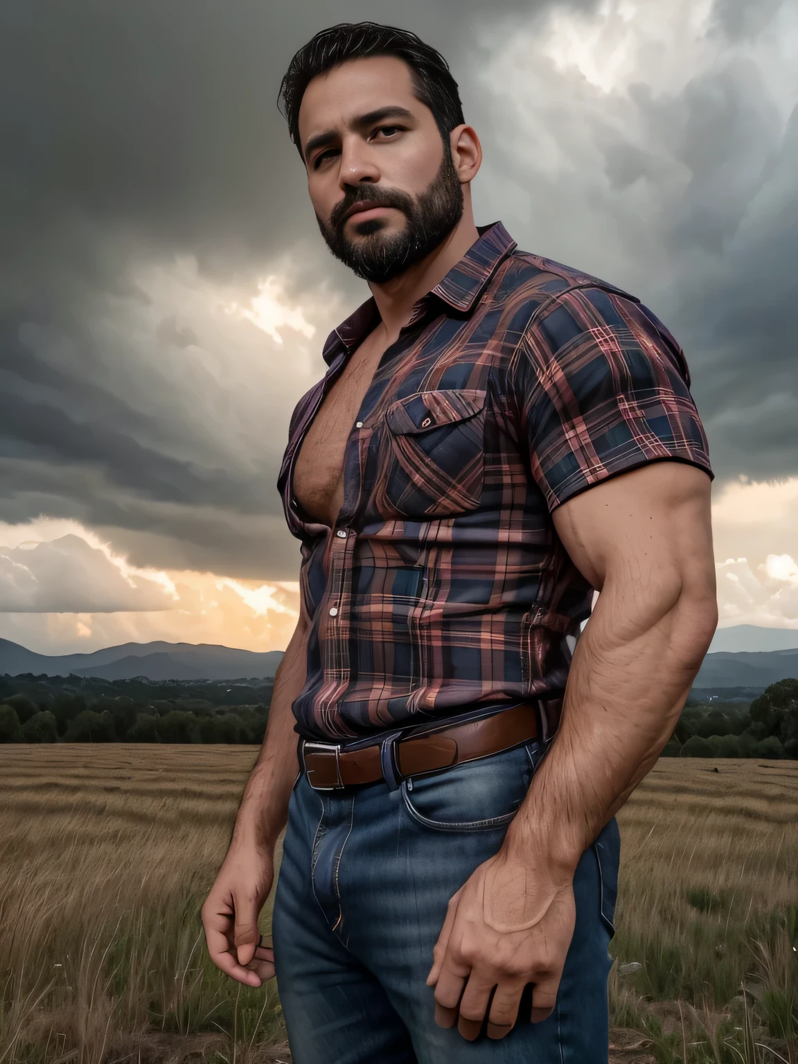 obra maestra, Mejor calidad, high resolution, Retrato de primer plano, (1 chico:1.4) A man in a lumberjack suit, muscular, (con camisa: 1.2) enfoque masculino, enfocarse solo, piel bronceada, 38-year-old man dressed as a lumberjack., muscular, fuerte, peludo, Masculino, (descamisado: 1.2), al fondo una granja, en una tormenta, amazing composition, Vista frontal, HDR, volumetric lighting, (plano general, desde el frente:1.2) (GS-Macho :1.5) (magnificent landscape:1.2)