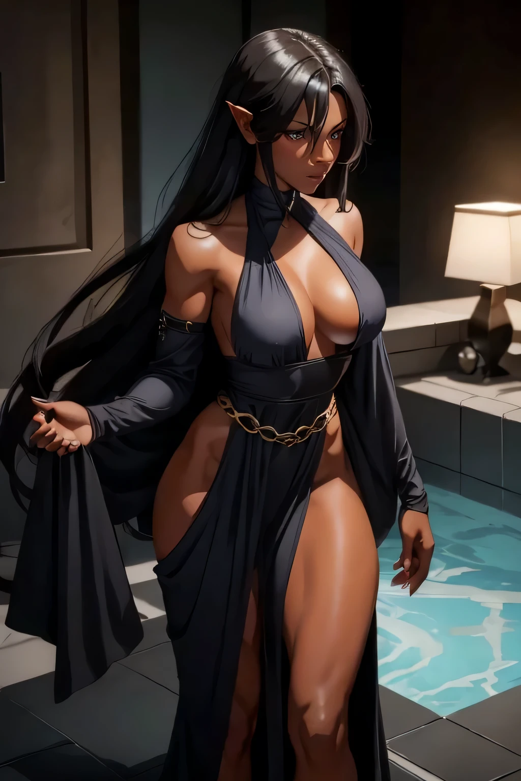 1woman, 30 years old, A beautiful athletic dark elf, fit body, dark skin, Grey skin, Red eyes,  studio lighting, highly detailled, incredibly long black hair, best quality, ((masterpiece)), ((8k)), seductive smirk, wearing only a white towel, bath,