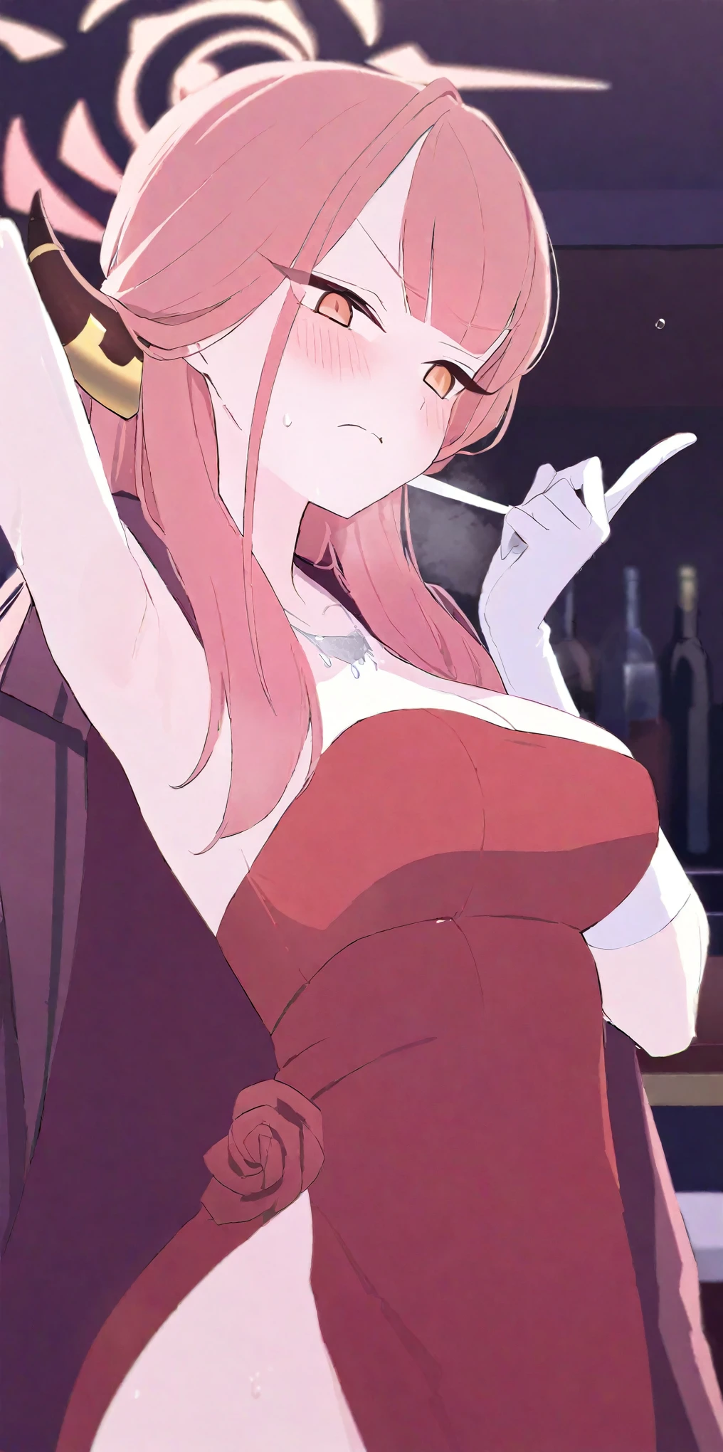 ARU_\(BLUE_ARCHIVE\),ARMPITS,SOLO,GLOVES,BREASTS,LONG_HAIR,HALO,WHITE_GLOVES,RED_DRESS,HORNS,NECKLACE,PINK_HAIR,JEWELRY,BANGS,SIDE_SLIT,STRAPLESS_DRESS,BROWN_EYES,JACKET_ON_SHOULDERS, sweating,wet clothes,steam,blush,frown,heavy breathing,hand fanning,in the bar,backlighting,upper body