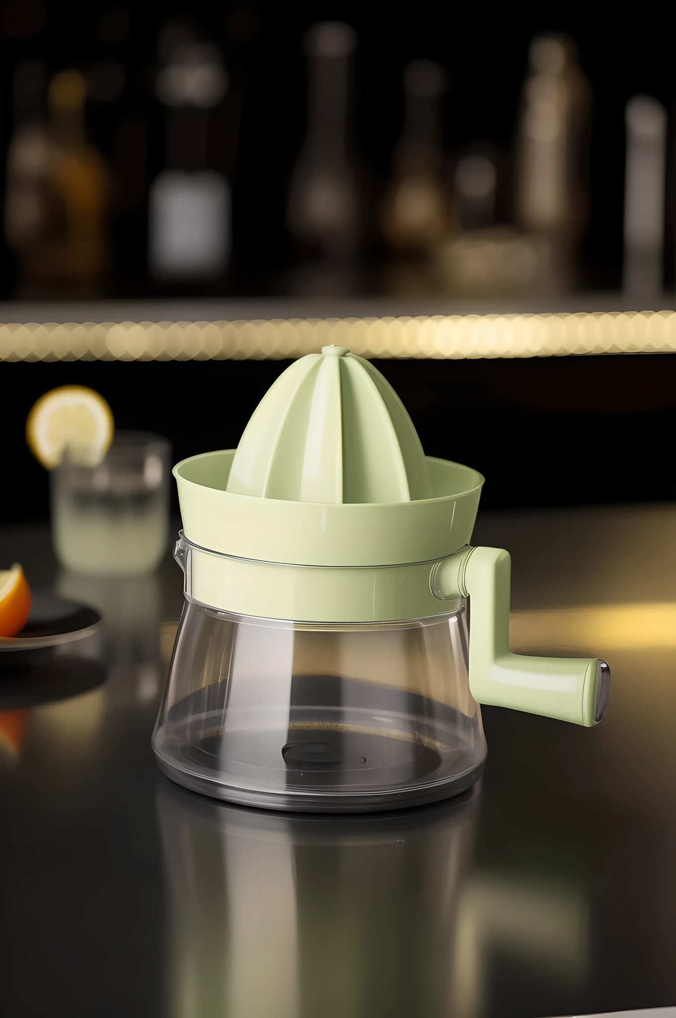 This photo captures a vibrant green plastic lemon squeezer mounted on a flawless, high-gloss glass jug that contrasts with the smooth reflective surface of the dark countertop. The juicer's plastic has a brilliant sheen that highlights its smooth, flawless surface that reflects light and highlights the material's intense luster and durable qualities. The pitcher below is impeccably clear, its original translucent glass free of any smudges or dirt, enhancing its gloss and contributing to the feel of premium materials. The clarity of the kettle is so pure that it almost magnifies the juicer placed above it. In the blurred background, a series of containers suggest a cooking environment, like a kitchen, and the ambient light from above casts soft reflections on the countertops, creating a luxurious and modern atmosphere, highlighting the practical elegance and functionality of the juicer set. Design appeal.