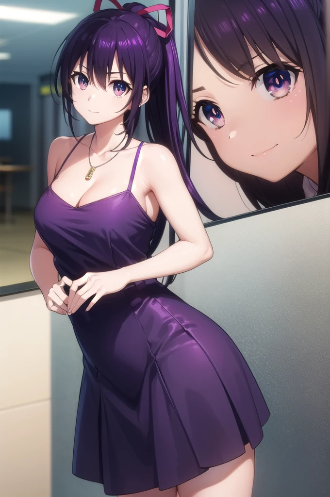 tohkayatogami, tohka yatogami casual, long hair, purple hair, alluringly smile, knee length dress, red dress, slim dress, office work dress,one piece dress, classy dress dress, cold shoulder, square neck, cleavage, short sleeve , necklace, ribbon , tight skirt, (purple eyes:1.1), hair ribbon, ponytail, purple hair, white ribbon, g cup breasts, plump butt , high heels 
BREAK ,
BREAK indoors, office, alone, 
BREAK looking at viewer, alluring pose, seduce poses (cowboy shot:1.5),
BREAK (masterpiece:1.2), best quality, high resolution, unity 8k wallpaper, (illustration:0.8), (beautiful detailed eyes:1.6), extremely detailed face, perfect lighting, extremely detailed CG, (perfect hands, perfect anatomy),