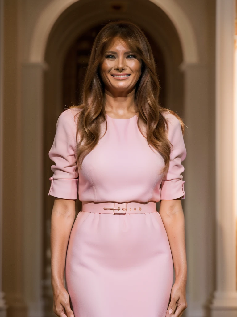 1girl solo mlntrmp ((melania trump)), masterpiece, 8k, high detail, best quality, cinematic lighting, dslr, photograph, photorealistic, realism, upper body, standing, smiling, pink dress