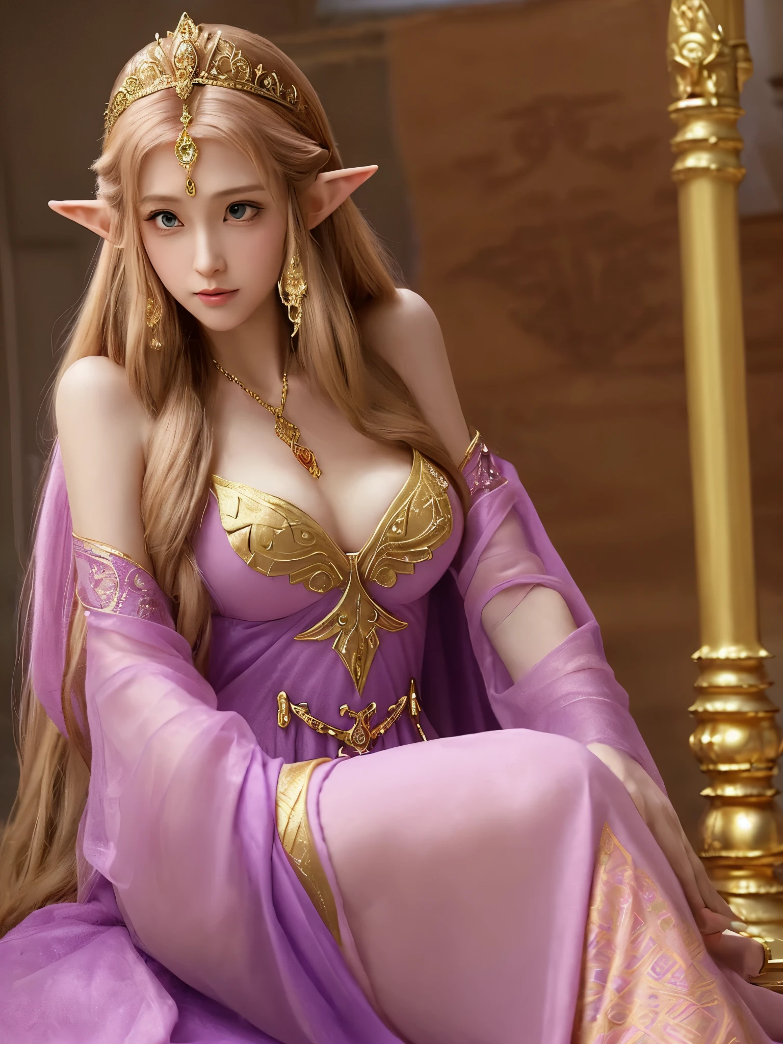 Sketch Princess Zelda from The Legend of Zelda with a long, flowing gown in shades of pink or purple, adorned with intricate designs. Include a golden tiara with a Hylian crest, and capture her serene and regal demeano