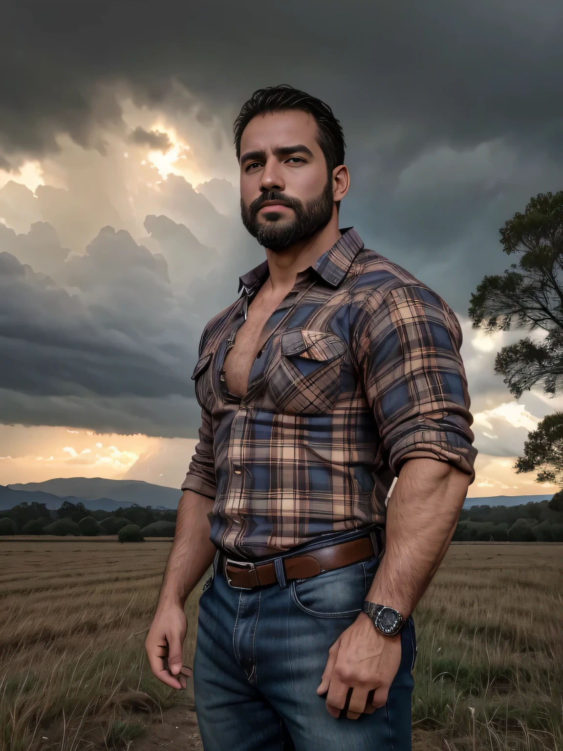 obra maestra, Mejor calidad, high resolution, Retrato de primer plano, (1 chico:1.4) A man in a lumberjack suit, muscular, (con camisa: 1.2) enfoque masculino, enfocarse solo, piel bronceada, 38-year-old man dressed as a lumberjack., muscular, fuerte, peludo, Masculino, (descamisado: 1.2), al fondo una granja, en una tormenta, amazing composition, Vista frontal, HDR, volumetric lighting, (plano general, desde el frente:1.2) (GS-Macho :1.5) (magnificent landscape:1.2)