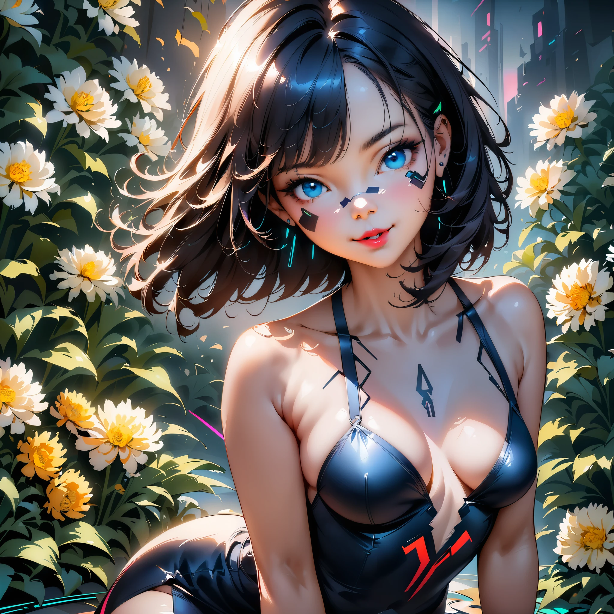 ((Masterpiece, Best quality: 1.2), (Create MAxZenArt!))_((Highest quality, painting-graphics, masterly execution, high skill))_((Final fantasy (Yuna),(girl - , nude, full growth, naked body, dark hair, light skin, red lips, smile; black, expressive eyes, long eyelashes))_((Girl, dressed; black translucent chiffon dress, gold line, very short dress, peignoir), ( erotica), (sexuality), (calm relaxed pose, hair fluttering in the wind, half-turn, look at the viewer, stylish girl model))_((Beautiful portrayal of characters, soft anime computer graphics, realistic anime art, sexy girl , photorealistic drawing of an anime girl, realism painting, digital art))_ ((Background - flower bed, cyberpunk, stylized graphics, clear line. color fill), (stunning; flowers lilies, peonies, chrysanthemums))_ ((modern style )_(High quality, masterpiece)).