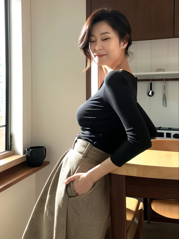 masterpiece,highest quality, Japanese, 55 years old, (one attractive old woman), ((wrinkles)), (目尻のwrinkles), (nasolabial folds), black hair, Japanese, Top quality, 1 beautiful woman, long Hair, brown hair, (V-neck Sweater, Long Skirt), Full Body Shot, Kitchen、large breasts, (milf), (((leaning forward))), (((sticking out the butt))), (Your back is facing the camera)、(((mouth wide open))), (((eyes closed))), (((sensual)))、(Hands on the table)