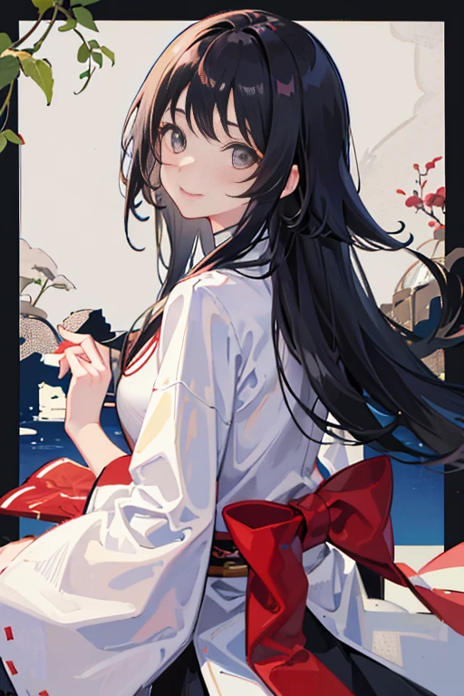 masterpiece,best quality, 1girl, black hair, smile, solo, closed mouth,white border, looking back,kimono, border, looking at viewer, blush, japanese clothes, medium hair, bangs, upper body