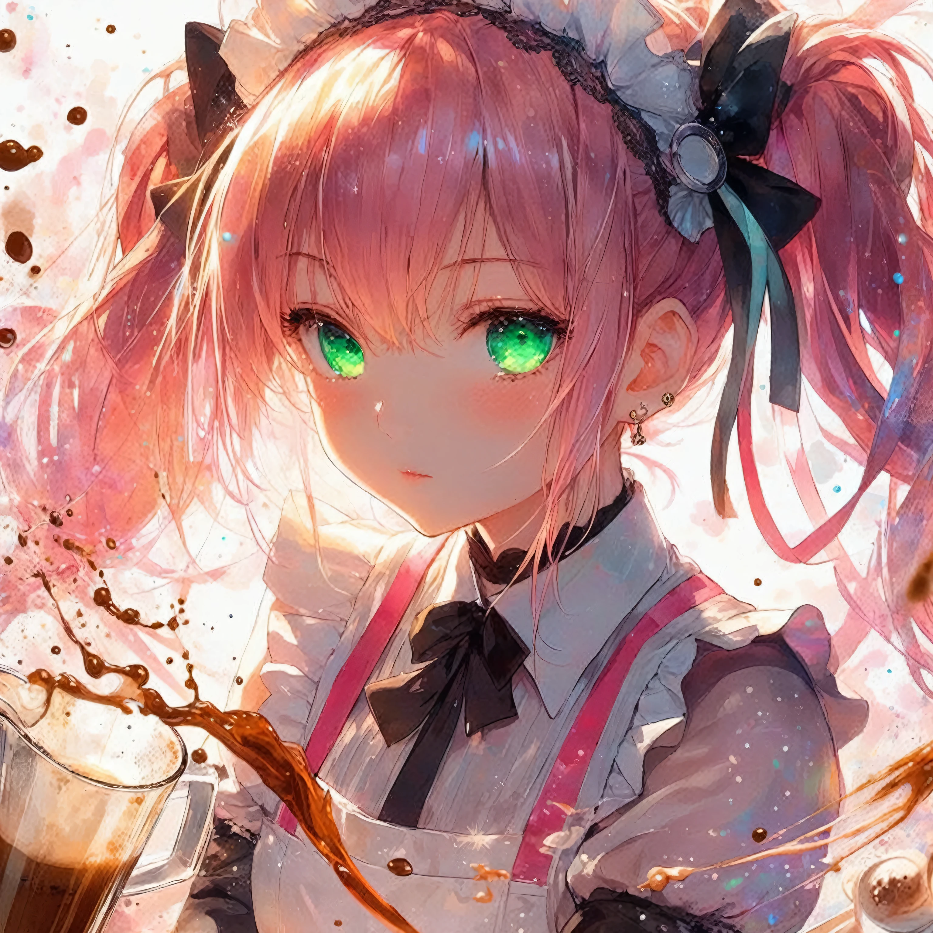 Masterpiece, highest quality, girl with pink ponytail, green eyes, mature, glossy, ponytail, maid outfit, long boots, transparency, light particles, full body shot, gloss, shine, three-dimensional effect, composition from a distance I'm drawing a girl. She is trying her hand at latte art with a nervous look on her face. Coffee is splattered. Powerful and dramatic. Dynamic and colorful visuals. This anime uses soft brushstrokes similar to watercolor to draw delicate lines, and layers many cells to express the texture of the ink. The quality is brought out through needle-like detail work. stained glass, backlit
