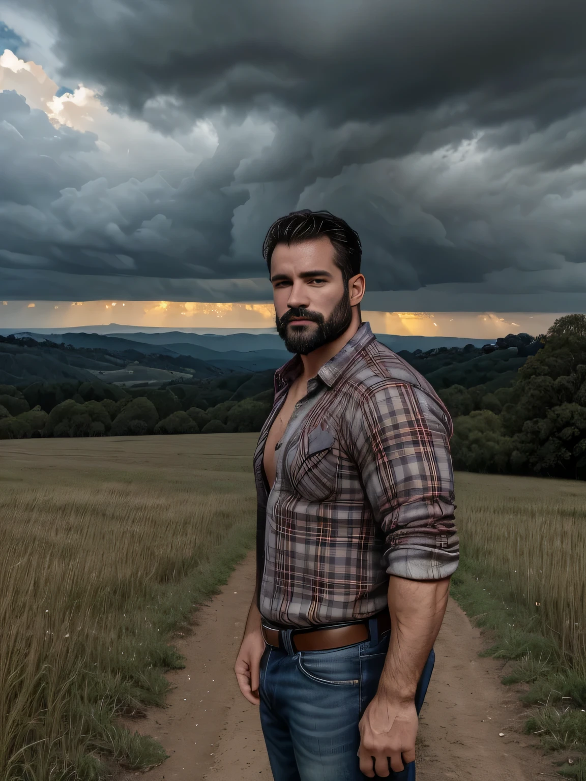 obra maestra, Mejor calidad, high resolution, Retrato de primer plano, (1 chico:1.4) A man in a lumberjack suit, muscular, (con camisa: 1.2) enfoque masculino, enfocarse solo, piel bronceada, 38-year-old man dressed as a lumberjack., muscular, fuerte, peludo, Masculino, (descamisado: 1.2), al fondo una granja, en una tormenta, amazing composition, Vista frontal, HDR, volumetric lighting, (plano general, desde el frente:1.2) (GS-Macho :1.5) (magnificent landscape:1.2)