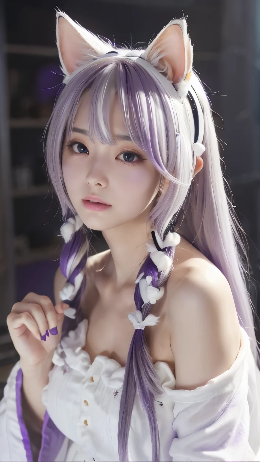 {{masterpiece}},{{highest quality}},enlightenment,1 perfect portrait of a girl, A fascinating eye for perfect detail), colorful hair, (Purple+white soft hair:1.6), (Cat ears:1.3),Long and slim body type, Fantasy purple background, {exposed bare shoulders},{long-term alienation_sleeve}, {lean forward a little}, If you look up,hair ornaments,{shy},please shut your mouth, head tilt,{small breasts} ,movie lighting,oversized clothes, ((seductive pose)),