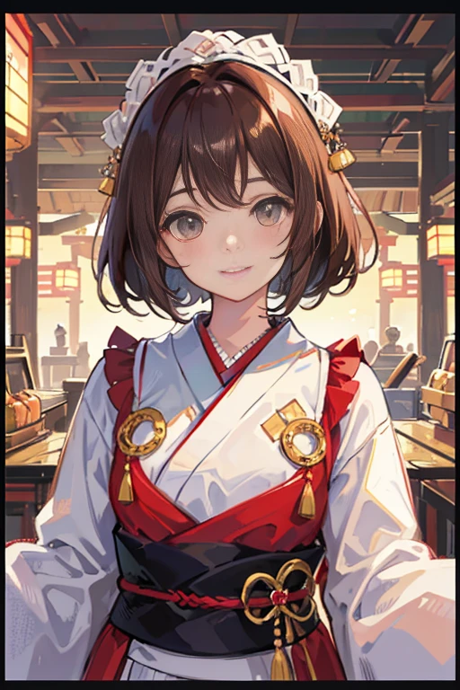 masterpiece,best quality, 1girl, brown hair, smile, solo, closed mouth,white border, looking at viewers,kimono, border, looking at viewer, blush, japanese clothes, medium hair, bangs, upper body