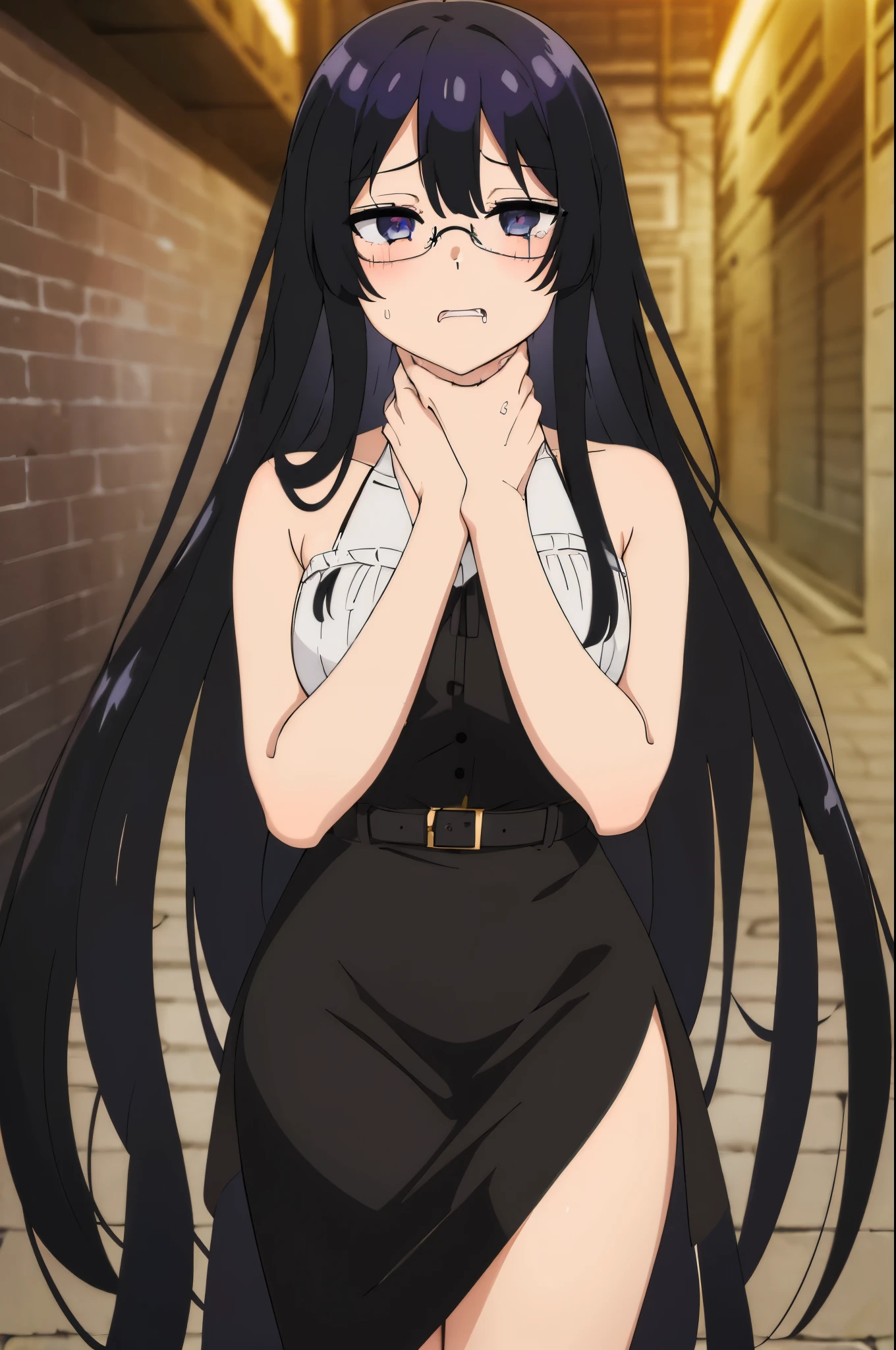 (detailed eyes:1.3), Beautiful Lighting, (1girl:black hair,black eyes, absurdly long hair, hair between eyes), (outdoors, alley:1.2), 1girl, glasses, rolling eyes, strangling, asphyxiation, drooling, tearing up, spoken heart, on back
