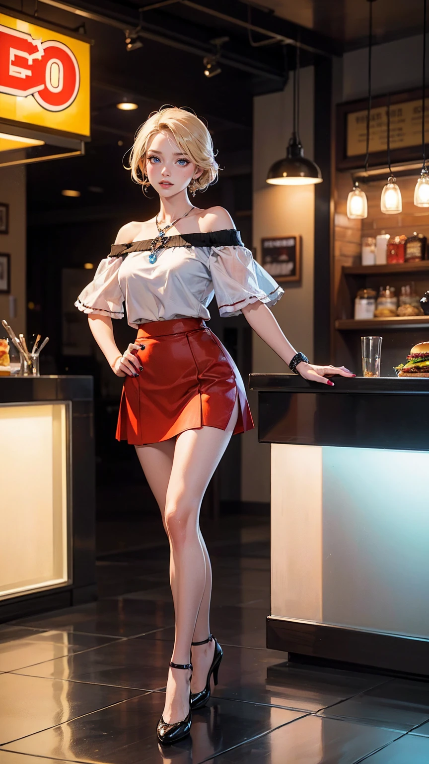 ((最high quality, 8K, masterpiece: 1.3, Ultra HD, high quality, 最high quality, High resolution, realism)) 、25 year old white woman、platinum blonde、blue eyes、I'm setting my hair、smile、Slender but well-proportioned muscular body、Athlete-like body type、I don't want my head to disappear from the screen.、Wearing red nail polish、I have a peticure、Wearing accessories on your wrist、Wearing off-shoulder topini length flared skirt((flared skirt))I'm wearing it、スニーカーI'm wearing it、I'm in a 60's American style burger joint.、smile