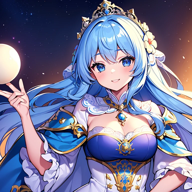 4k, upper body,(masterpiece),(best quality),(ultra-detailed),(rococo style),(long train blue cape),(long train white ball gown with flowers), a girl is wearing a cape over her dress, 1 empress, tiara, smile, very long hair