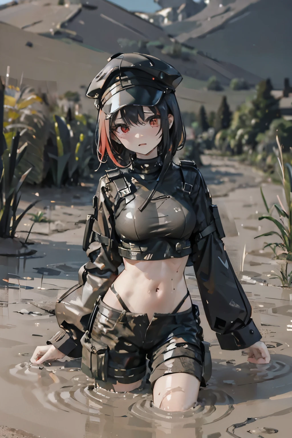 black hair, red highlights, Wolf Cut Hairstyle, Wearing a crop top, wearing a hat,  clear lines, Image resolution 1024px, Struggling in the muddy swamp, Legs stuck in the mud, Covered with mud, With an expression of despair