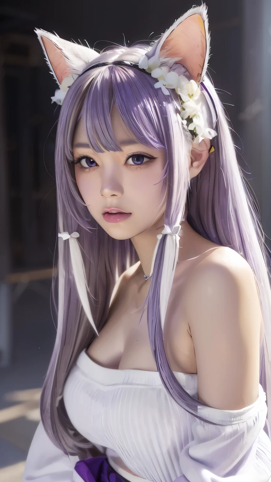 {{masterpiece}},{{highest quality}},enlightenment,1 perfect portrait of a girl, A fascinating eye for perfect detail), colorful hair, (Purple+white soft hair:1.6), (Cat ears:1.3),Long and slim body type, Fantasy purple background, {exposed bare shoulders},{long-term alienation_sleeve}, {lean forward a little}, If you look up,hair ornaments,{shy},please shut your mouth, head tilt,{small breasts} ,movie lighting,oversized clothes, ((seductive pose)), 