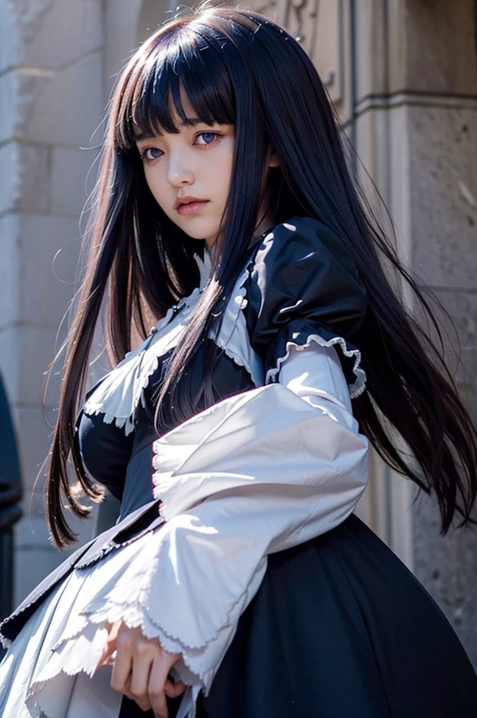 ((frederica bernkastel)) (best quality)), ((masterpiece)), (detailed), perfect face , dark blue hair, blunt bangs, hime cut, long hair, solo, 1girl, purple eyes, expressionless, gothic dress, lying, blue ribbon, spread arms, blank eyes, breasts,