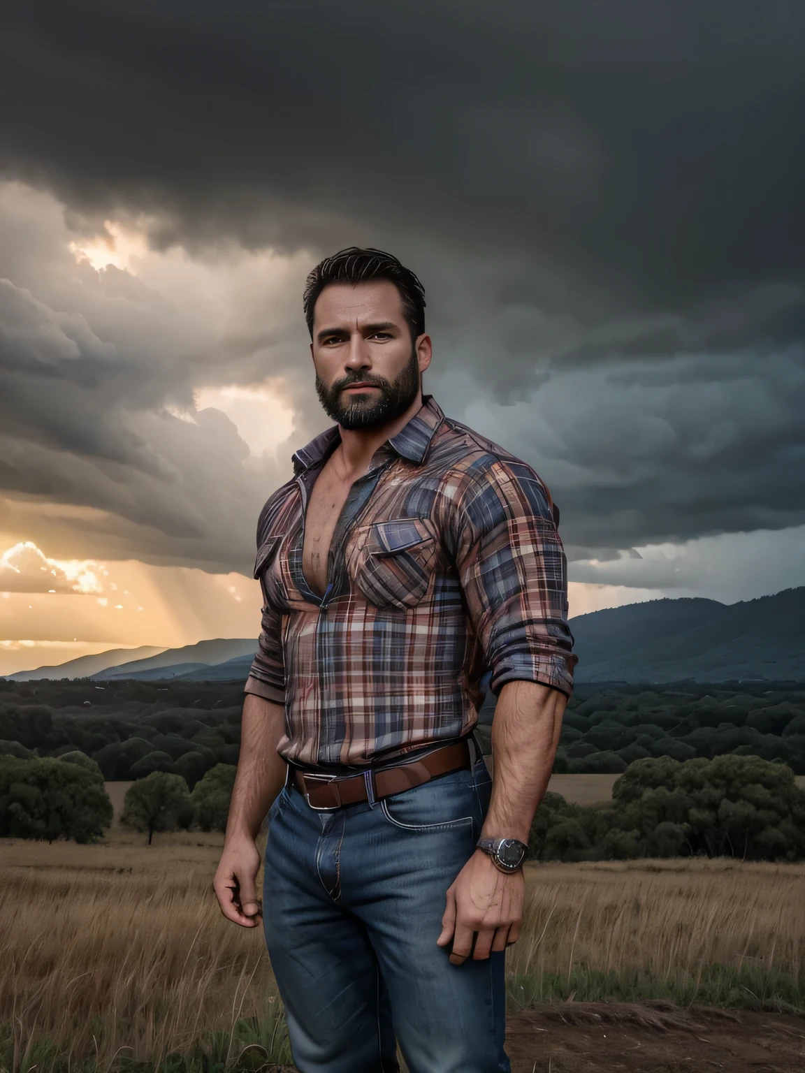 obra maestra, Mejor calidad, high resolution, Retrato de primer plano, (1 chico:1.4) A man in a lumberjack suit, muscular, (con camisa: 1.2) enfoque masculino, enfocarse solo, piel bronceada, 38-year-old man dressed as a lumberjack., muscular, fuerte, peludo, Masculino, (descamisado: 1.2), al fondo una granja, en una tormenta, amazing composition, Vista frontal, HDR, volumetric lighting, (plano general, desde el frente:1.2) (GS-Macho :1.5) (magnificent landscape:1.2)