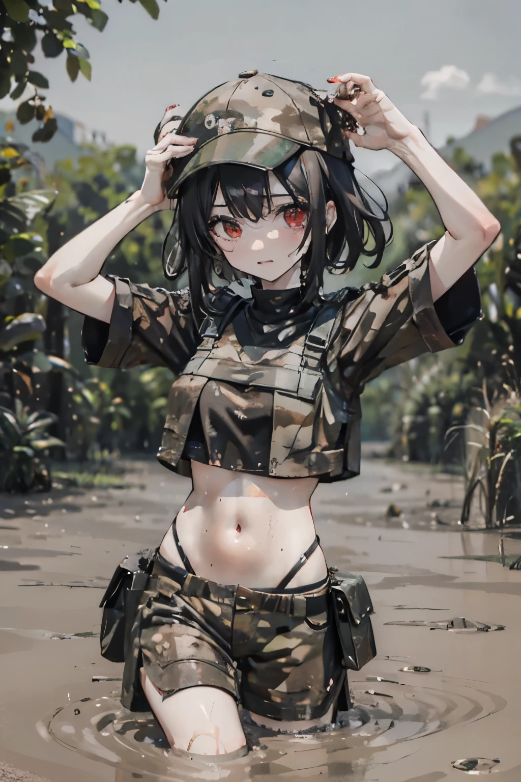 black hair, red highlights, Wolf Cut Hairstyle, Wearing a crop top, wearing a hat,  clear lines, Image resolution 1024px, Struggling in the muddy swamp, Legs stuck in the mud, Covered with mud, With an expression of despair