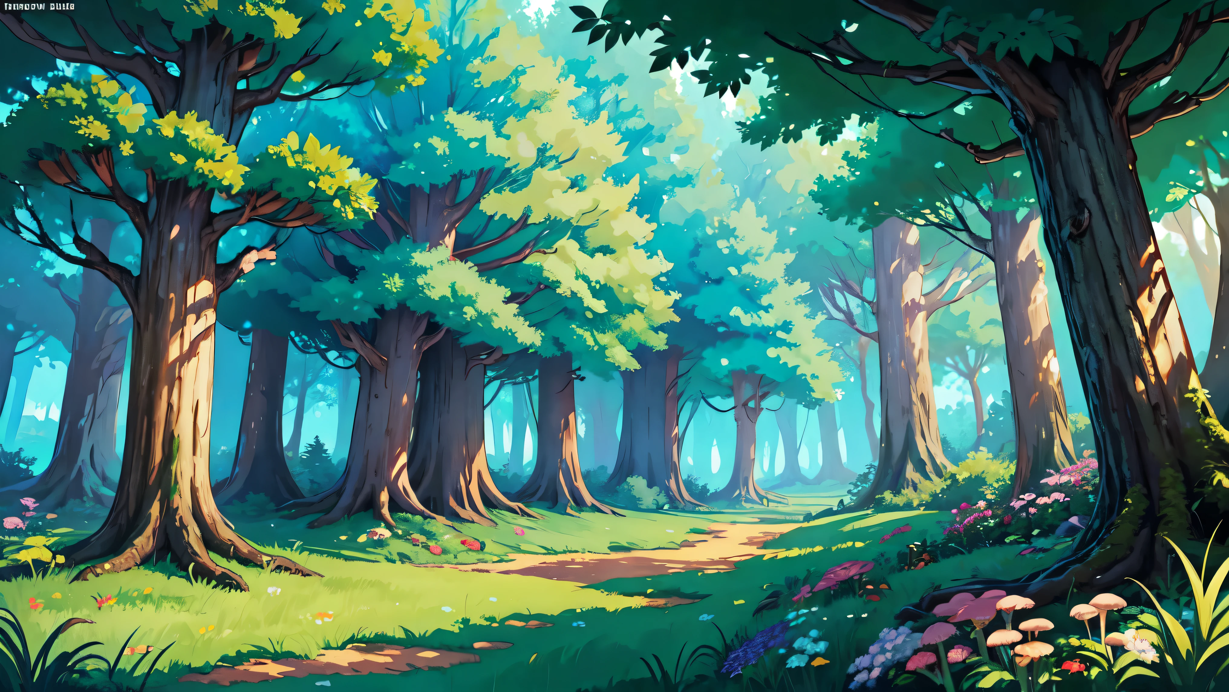 ((bright)), Cartoon beautiful fantasy fairy forest inside with trails and trees on a sunny day, forest plants, beautiful fairy mushrooms, wild beautiful flowers, detailed, detailed background artwork masterpiece, Mobile game background, game background, 2 D game art background, forest background, scenery art detailed, landscape artwork, Mobile game art, 2d game background, Anime background art, forest clearing landscape, anime countryside landscape, forest inside, elf forest background, forest setting, Detailed game art, 4k