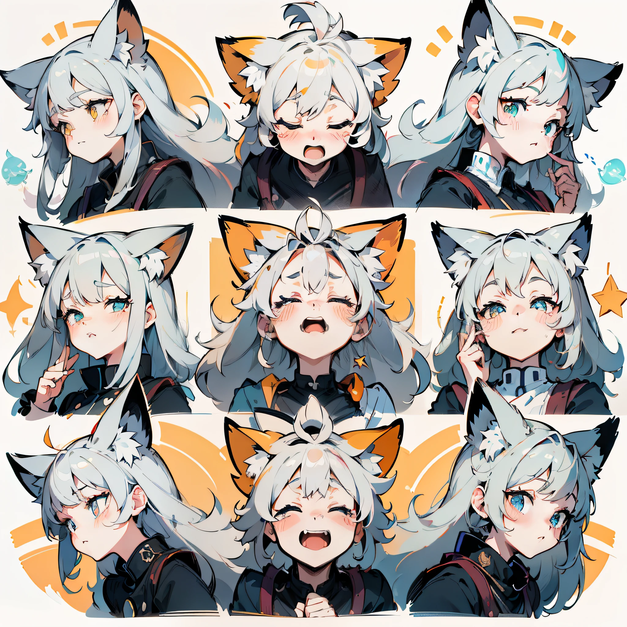 Cute&#39;s White Fox Avatar Pack,white fox，Yellowish hair ends，Star symbol emoji pack, The same fox,cute , Various poses and expressions, , 4K, masterpiece, best quality, Align 9 emoji packs，9 poses and expressions（laughing out loud，Can&#39;t hold it back，Laugh wildly，cry loudly，collapse，reject，beg，Proud，doubt），Different exaggerated emotions，Exaggerated body movements