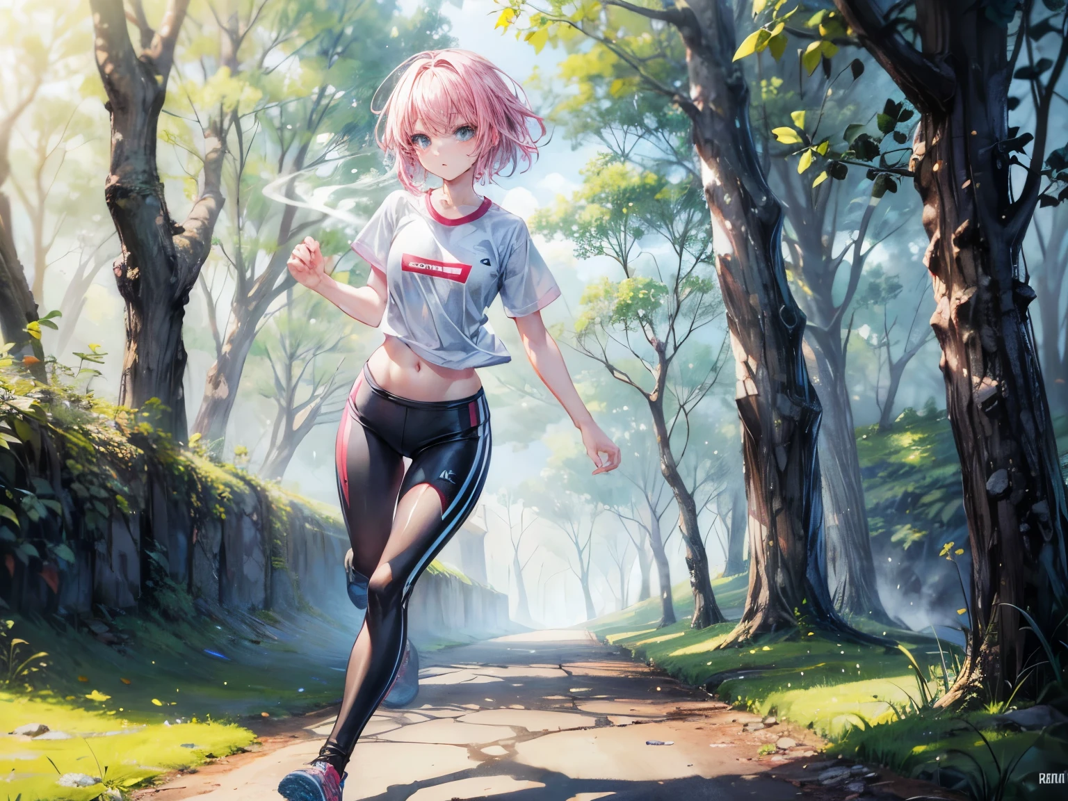 smoking girl, pink hair, short hair, light-blue eyes, small girl, small legs, she's 20, she's wearing a black legging, she's wearing running shoes, she's wearing a white bra, she's in extase, she's enthousiast, straight haired, beautiful women, small hips, running, park, nature, trees, forest, daylight, she's wet, she's exhausted, she's fast, she's really fast