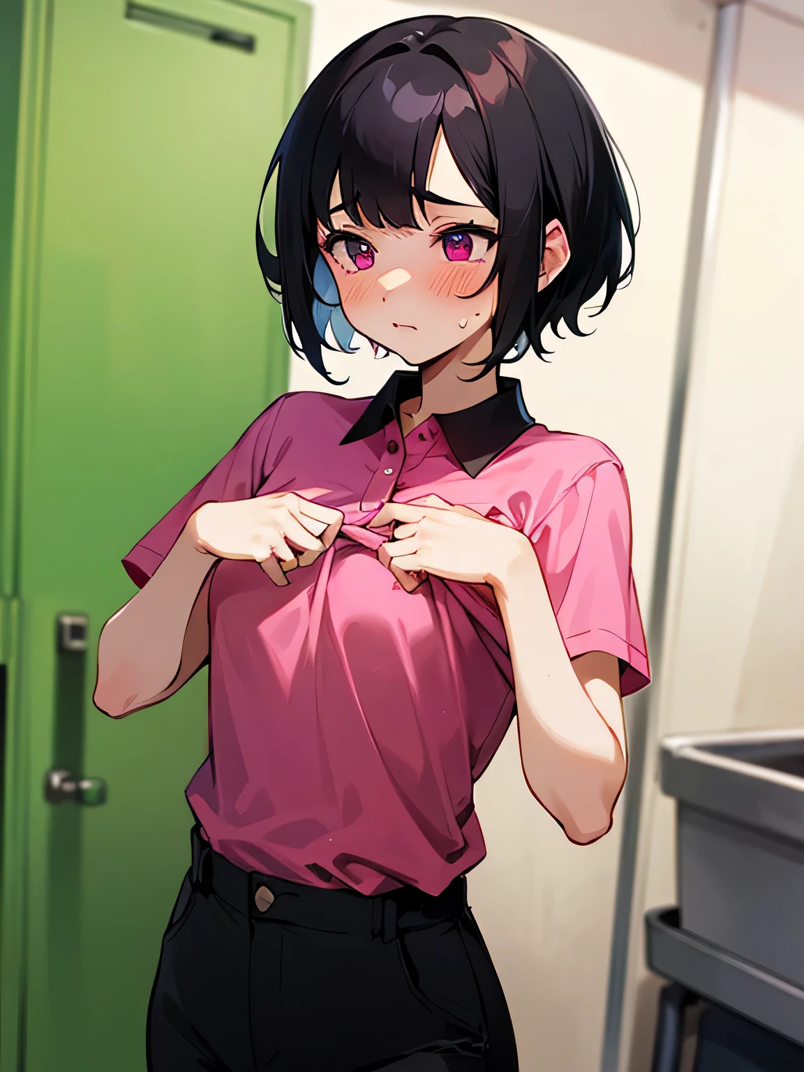 highest quality, High resolution, 1 girl, focus only, (big breasts:0.1), it is in it, topless, black pants, blush, embarrassing,Reluctant Short hair Black hair Examination room Magenta polo shirt