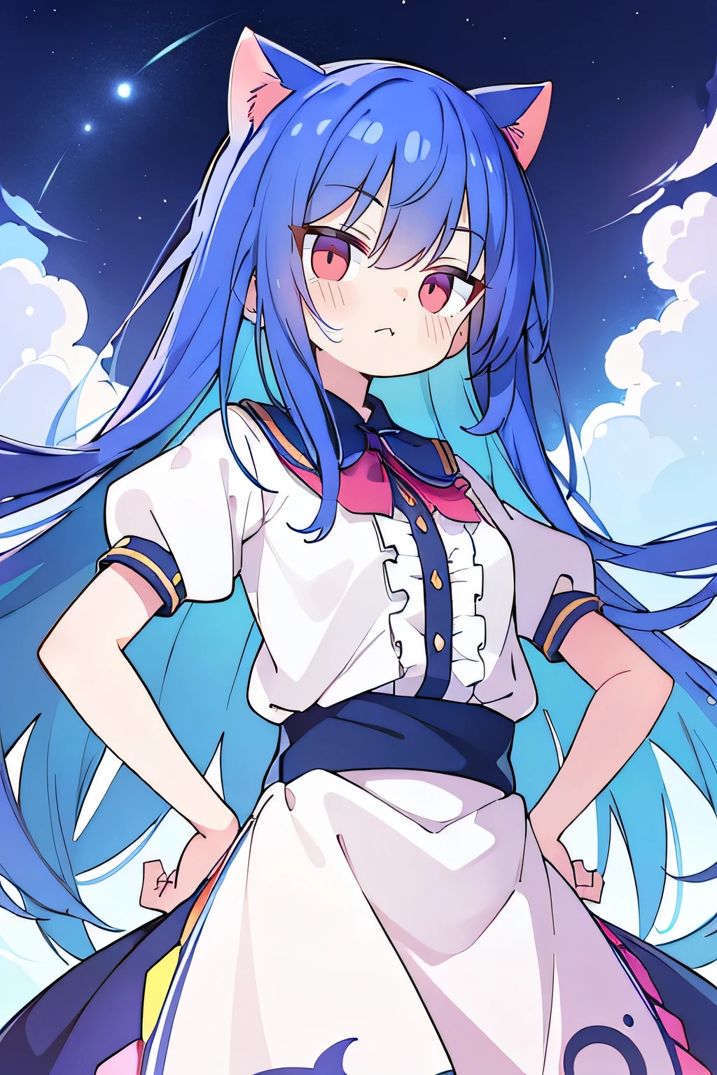 (masterpiece),best quality, expressive eyes, perfect face, 1girl,
 Put your hands on your waist,fair, Gorgeous,Japanese cartoons,girl,lola,Hina Angel, blue hair, blue haired, floating clothes,Grab your waist, Grab your waist, hands on hips , hands on hips,flat chest,cat ear,starry sky,