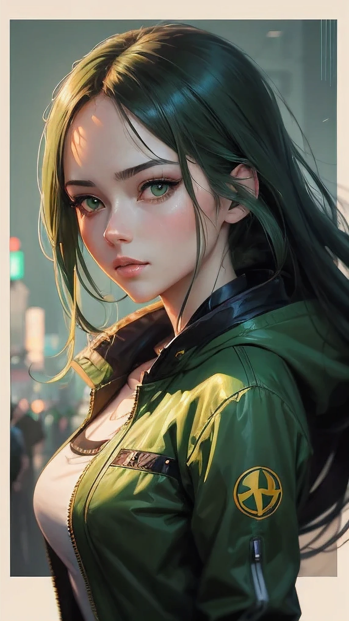 a painting of a woman with a green jacket and green eyes, artwork in the style of guweiz, stunning anime face portrait, anime realism style, realistic anime art style, inspired by Yanjun Cheng, beautiful anime portrait, sexy girl with green eyes, realistic cute girl painting, ilya kuvshinov. 4 k, anime realism, detailed portrait of anime girl