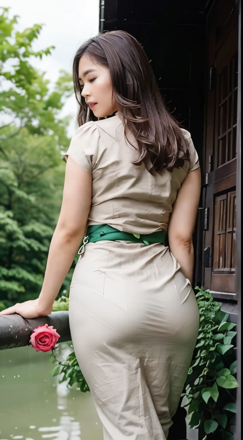(best quality,4k,high resolution:1.2),Ultra-detailed,Realistic, cinematic,femme asiatique,beautifully fitted body, yeux parfaits,cheveux aqua, coiffure,robe rose moulante,marche,seen from behind,cul parfait,forest, en riant,des arbres,Very detailed,Bokeh,professionnel,photographie 35 mm,Film, se baigner dans une cascade, wet clothes,WET BODY, Il pleut fortement,