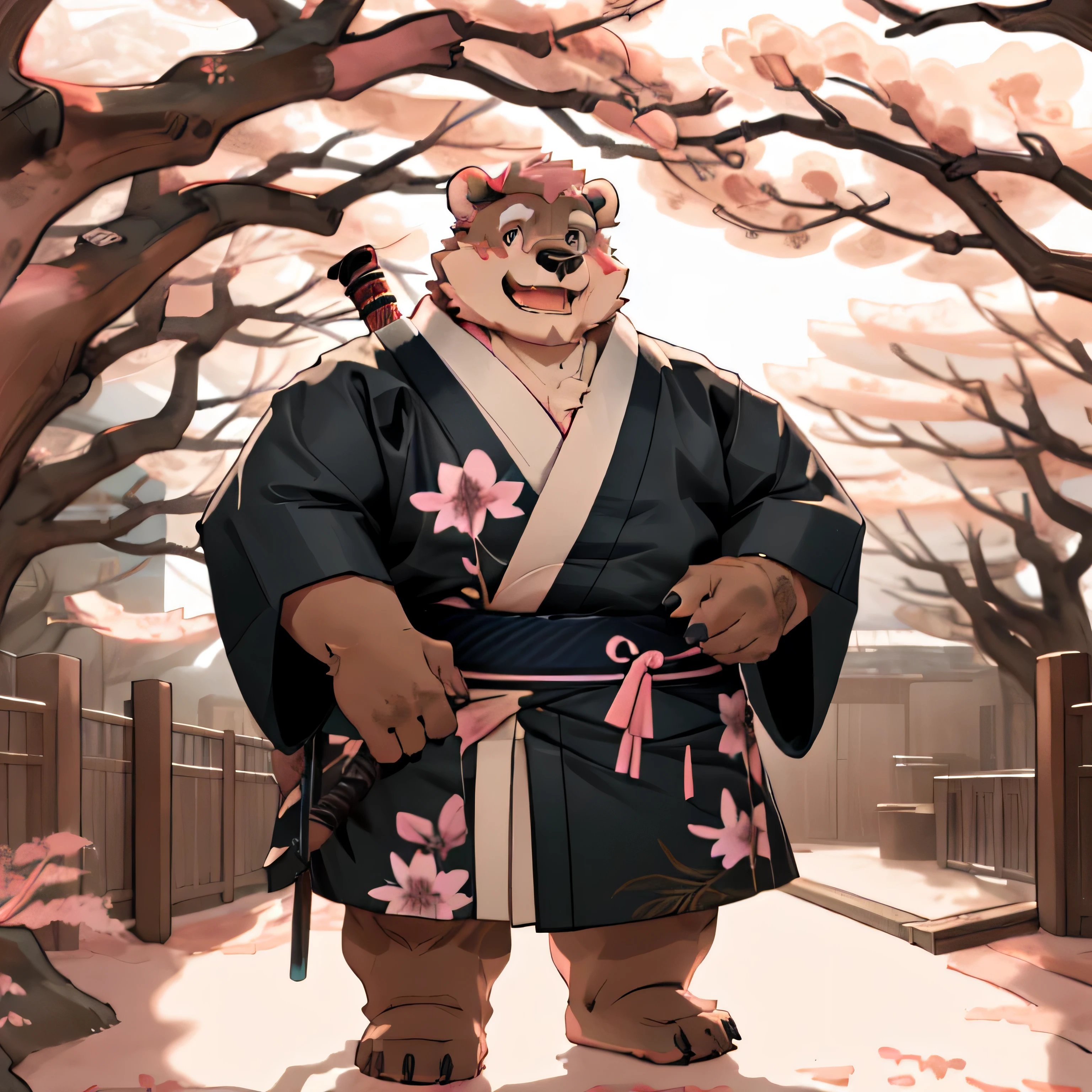 New Jersey 5 Hairy, Bear,Full body portrait of an individual, male,exquisite, chubby,thick arms,plush fur,front,stand,traditional kimono,Traditional Samurai Clothing,clogs,Carrying a katana,Under the cherry blossom tree,Cherry blossom viewing,happy