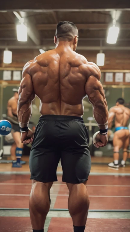 (one or two bodybuilders:1.4), (back view:1.2), (tank top:1.2), (at rugby club locker room:1.2), 40's, Japanese man, Chinese man, Korean man, Taiwanese man, manly face, fat face, (round face:1.4), (monolid eyes:1.2), (buzz cut:1.4), very large and strong body, bulky body, beefy muscles, (bulging muscles:1.4), (very large pectoral muscles:1.4), (muscular arms:1.4), muscular abs, muscular legs, muscular back, brightens oily skin, master piece, (realistic:1.4), panorama, distant view
