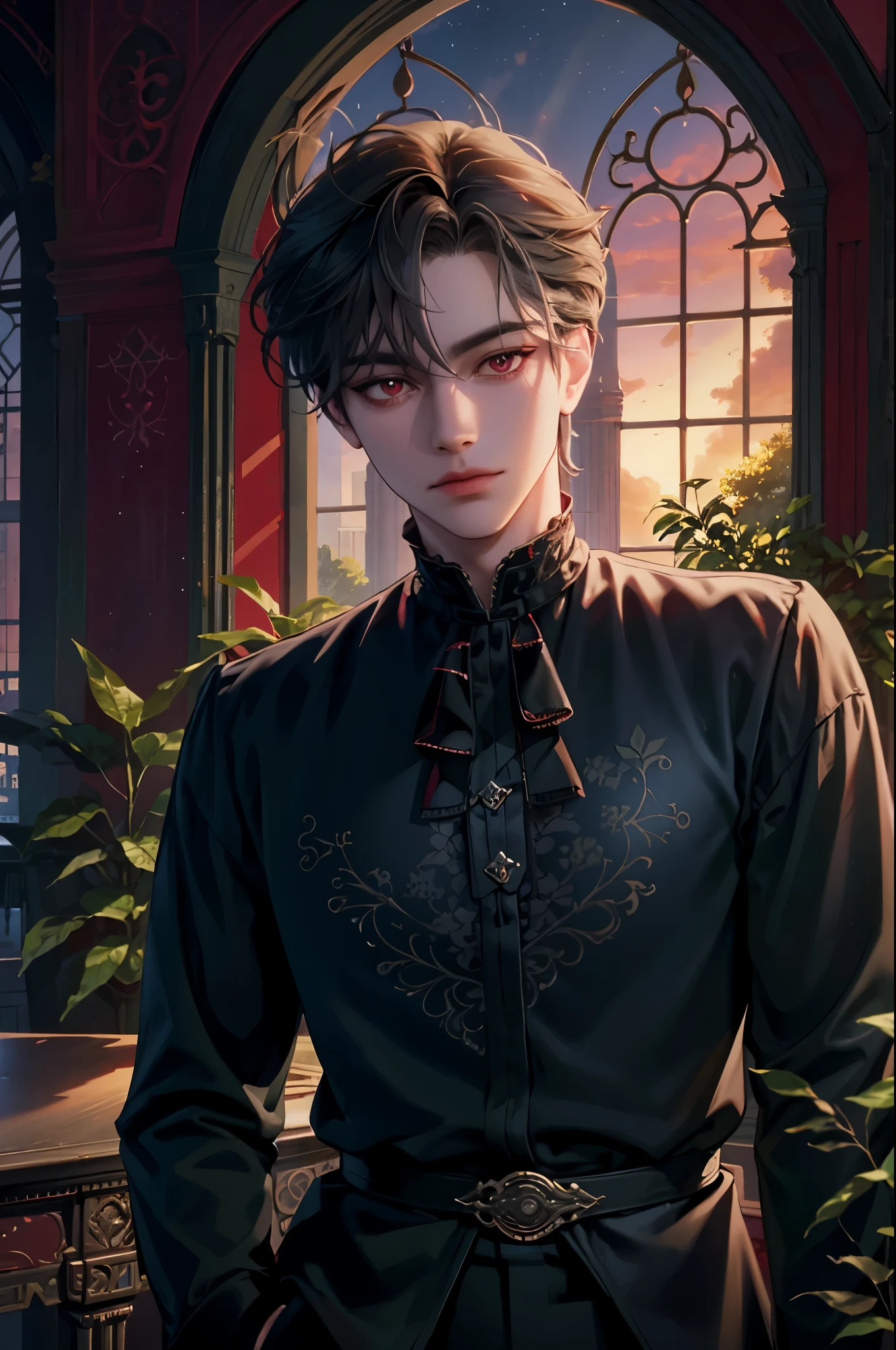 masterpiece, best quality, 1man, adult, male focus, solo, dark grey hair, vibrant red eyes, looking at viewer, closed mouth, cantarella, Fantasy aesthetics, Highly detailed, casual style clothes, simple outfit Victorian garden background , beside the window, outdoor lighting 