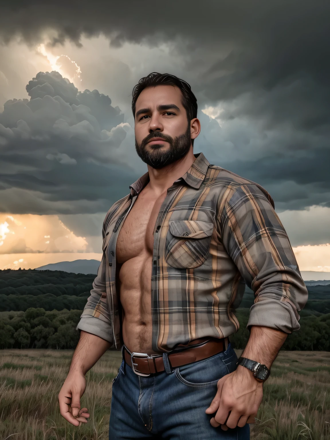 obra maestra, Mejor calidad, high resolution, Retrato de primer plano, (1 chico:1.4) A man in a lumberjack suit, muscular, (con camisa: 1.2) enfoque masculino, enfocarse solo, piel bronceada, 38-year-old man dressed as a lumberjack., muscular, fuerte, peludo, Masculino, (descamisado: 1.2), al fondo una granja, en una tormenta, amazing composition, Vista frontal, HDR, volumetric lighting, (plano general, desde el frente:1.2) (GS-Macho :1.5) (magnificent landscape:1.2)