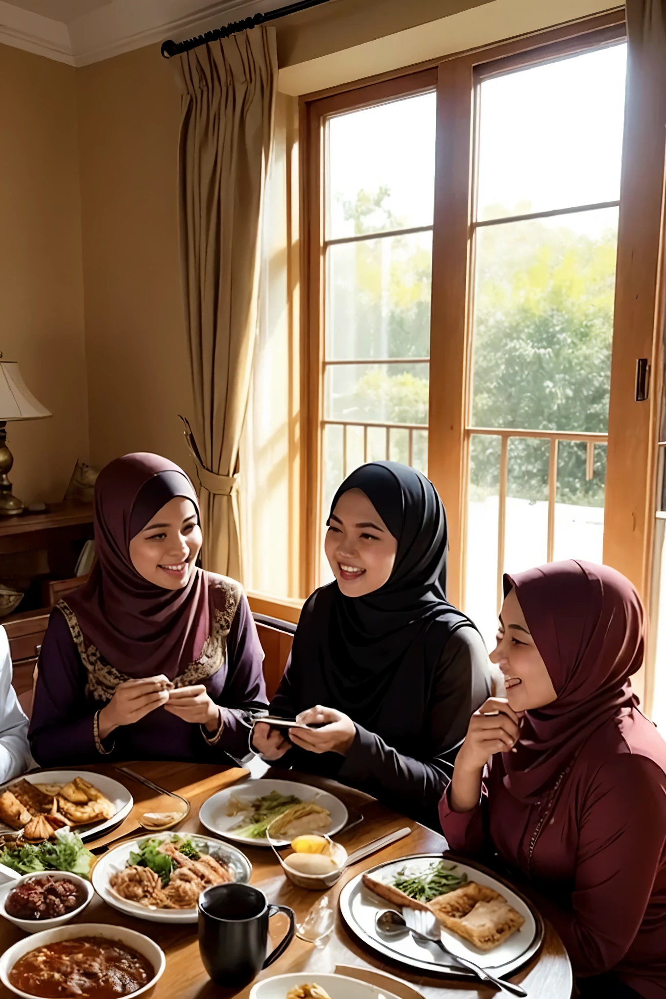 Best quality, high resolution, Masterpiece: 1.3, heartwarming scene of Malaysian family and relatives, Beautifully dressed Malay ladies and gentlemen, wearing hijabs, laughing and celebrating at home, Rich spread of local Malaysian foods and drinks on the table, Realistic, Detailed portrayal of their joyful expressions, Warm ambiance, Inviting atmosphere, Delicate textures of the dishes, Radiant colors, Golden light filtering through the windows, Volumetric lighting, Casting soft shadows on their faces, Creating a sense of togetherness and unity, Infusing a feeling of comfort and happiness.