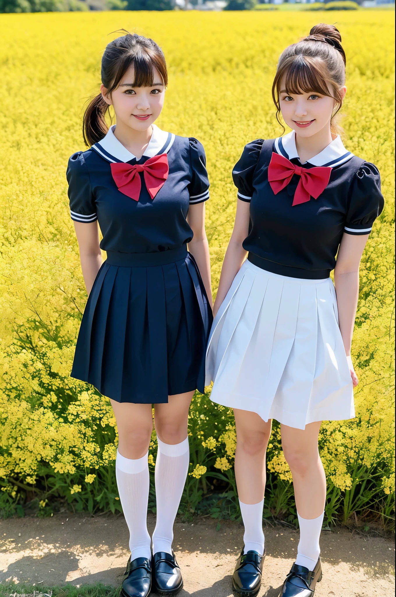 2 girls standing in canola flower field under cherry blossoms,navy blue short-sleeved sailor derss with red bow tie,navy blue pleated skirt,navy blue socks,18-year-old,bangs,a little smile,thighs,knees,ponytail with barrette,from below,front light
