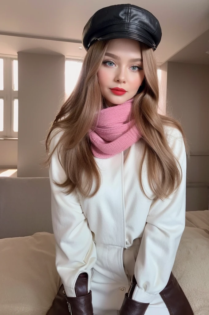 Photorealistic, best quality, hyper detailed, selfie photo, upper body. Gorgeous, pretty, warm-hearted, kind-hearted, good-hearted, stunning, cheerful, sweet, polite, sensitive, sensible, shiny, charming, alluring, dreamy, graceful, classy, stylish, flowing super long ginger wavy haired russian woman with the cutest face, fair porcelain skin, soft make-up, red lipstick, she is wearing a leather jacket, riding boots, a black newsboy cap and a pink scarf.