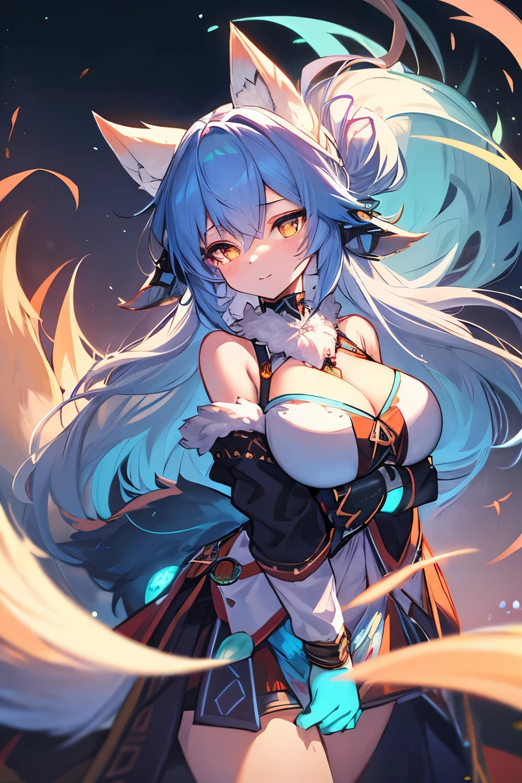 furry, female, fox spirit, night, glowing blue hairs, fluffy tails, breasts, tribal outfit