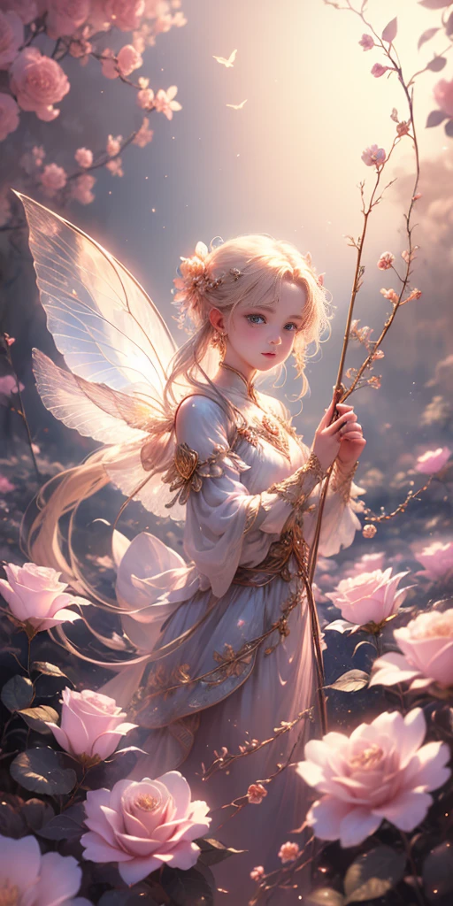 beautiful transparent flower fairy baby, transparent colorful feathers, the cane waving in the wind、The cane shone in the starlight,golden cane,Beautiful blue sky and white clouds、the girl has transparent wings、smile gently、Beautiful garden background、gentle and transparent,correct anatomy, delicate pattern,pink rose space, soft lighting, ( Bokeh),masterpiece, Super detailed, magnificent composition, highest quality, 8K,Epic romantic fantasy digital art,epic fairy tale fantasy digital art,mythological fantasy,UHD resolution,Detailed detail drawing,Realistic,非常にRealisticな,cinematic lighting,award winning photos,rich colors,Ultra-realistic life-like textures,dramatic lighting
