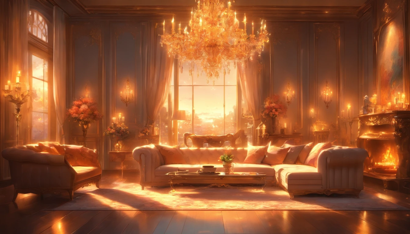 Rich, Luxury Living room, Late night, moonlight, four windows, one front door in the far right, one window to the left, white sofa facing away from the windows and the door, crystal chandelier, textured wallpaper, polished wooden floor, grand fireplace, glass coffee table, fresh flowers, grand lighting, neutral color palette, silver accents, (best quality, 4k, highres), (ultra-detailed, realistic), (studio lighting), (vivid colors), (moonlight), (golden glow), (soft shadows).