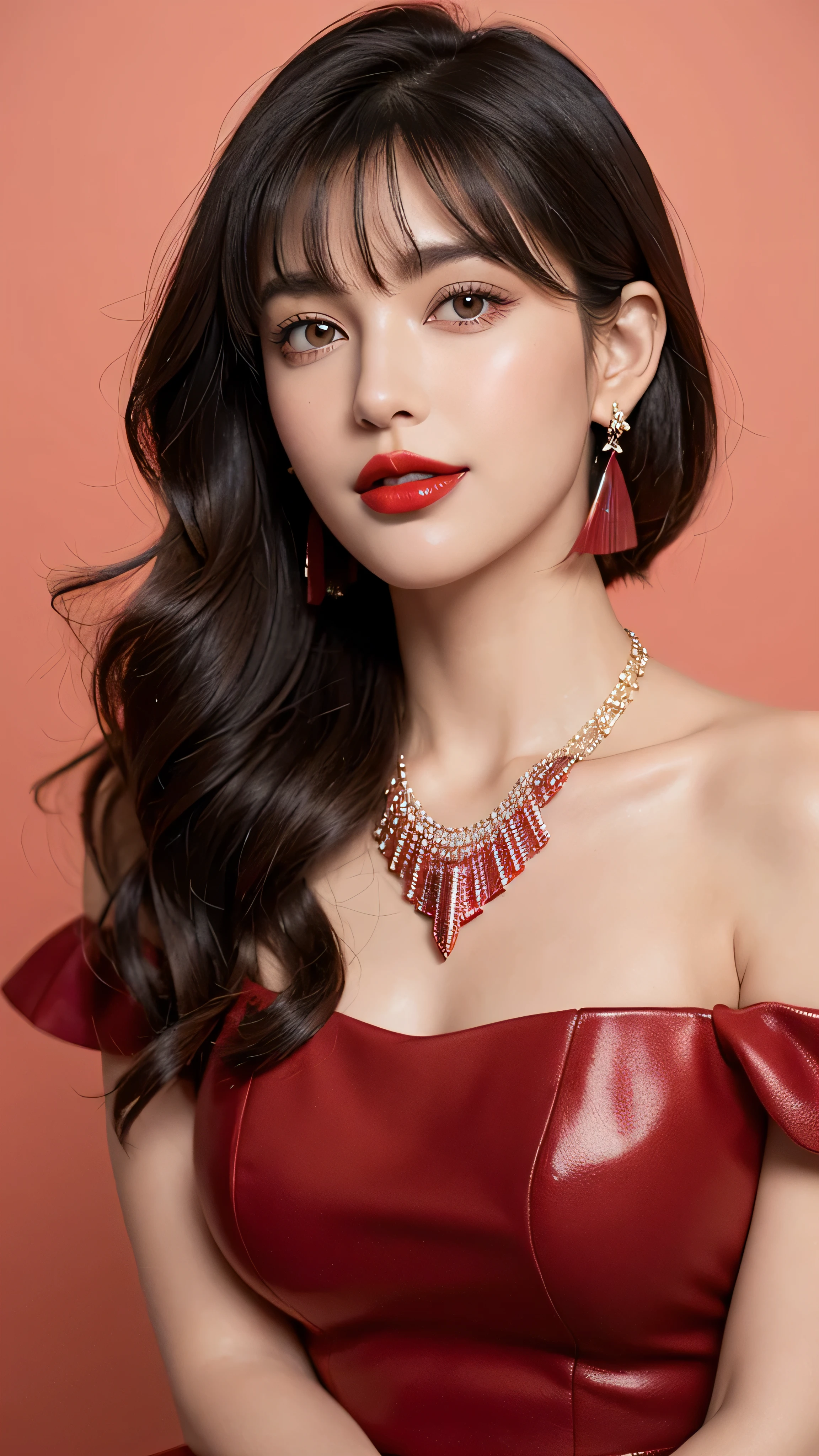 beautiful woman, italian woman, europian, europe woman, masterpiece, best quality, ultra detailed, (photorealistic:1.5), in the dark, deep shadow, low key, cold light, sexy look, shiny eyes, detailed face, full body, detailed body, full picture, (perfectly beautiful woman, perfectly beautiful face, Perfectly beautiful eyes, perfectly beautiful nose, perfectly beautiful nose, perfectly beautiful lips), wide smile, parted lips, smiling lips, (red lips:1.2, glossy lips:1.5, lip reflection:1.4), beautiful eyes, light purple eyes, detailed eyeshadows, detailed eyelashes, (eye reflection:1.3, sparkling pupils:1.2, long eyelashes:0.7), brown hair, wispy fringe bangs haircut, (attractive:1.6), sharp focus, seductive eyes, (short hair:1.3), (wavy hair:1.2), (crystal red earrings, sparkling red necklace), red off shoulder dress, (beautiful:1.6)